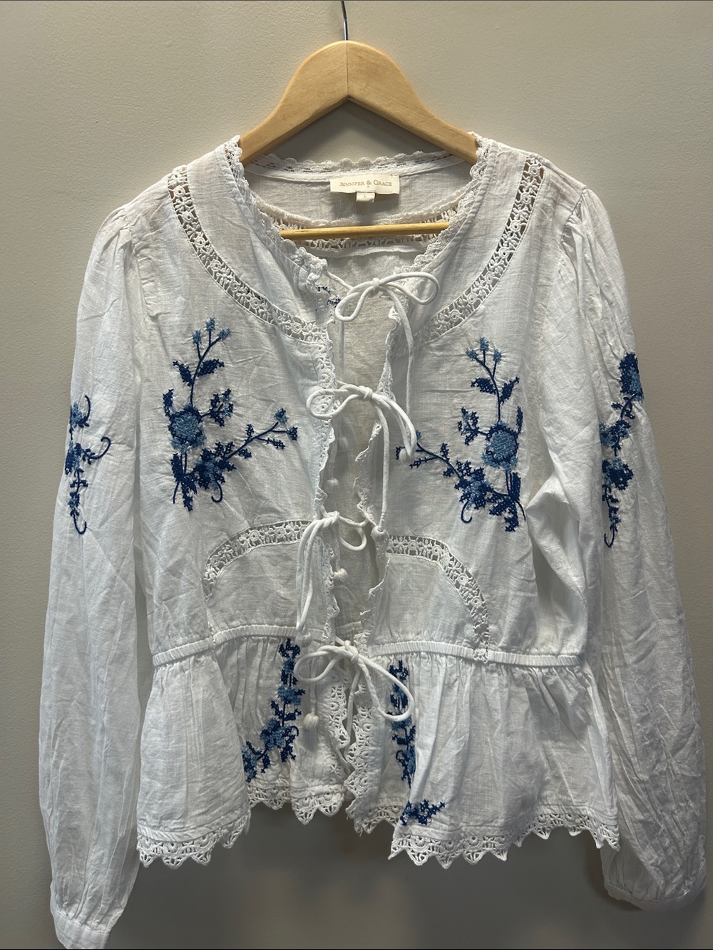 Jennifer & Grace Beautiful White Tie-Front Blouse with Blue Floral Embroidery - Picture 4 of 11